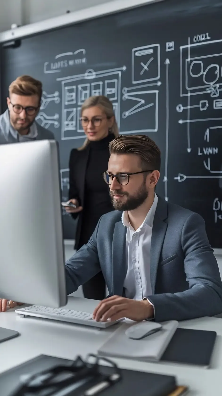 Developer sitting at his desk using his personal computer with two of his colleagues